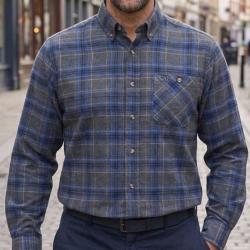 CHALLENGER CH2007 -- Chemise manches longues gris, noir et bleu : chaleur en flanelle de coton et co