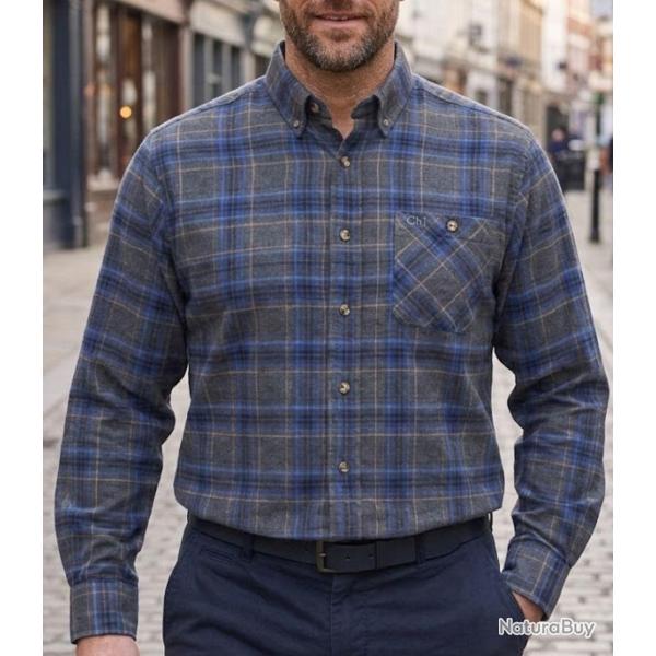 CHALLENGER CH2007 -- Chemise manches longues gris, noir et bleu : chaleur en flanelle de coton et co