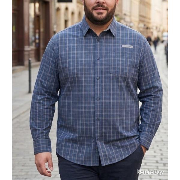 CHALLENGER CH2010 -- Chemise manches longues gris et bleu : confort en pur coton twill et aisance qu