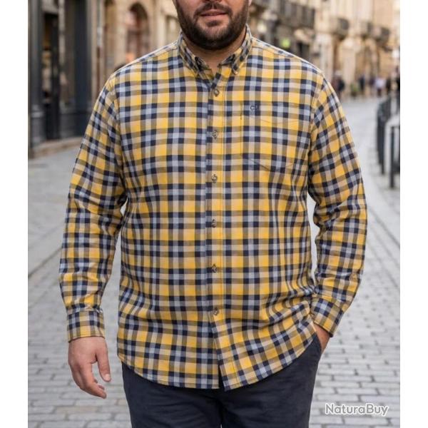 CHALLENGER CH2023 -- Chemise manches longues bleu et jaune : douceur en flanelle de coton et coupe c