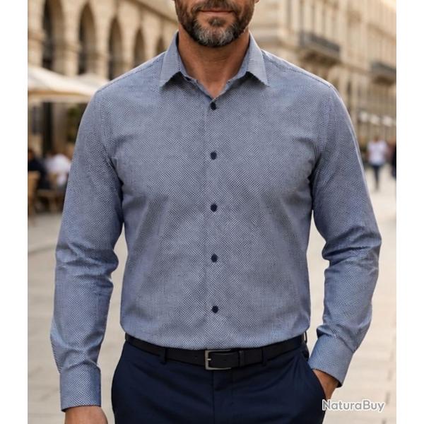 CHALLENGER CH4003 -- Chemise manches longues marine et blanc : �l�gance en pur coton et coupe confor