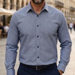 CHALLENGER CH4003 -- Chemise manches longues marine et blanc : &eacute;l&eacute;gance en pur coton et coupe confor