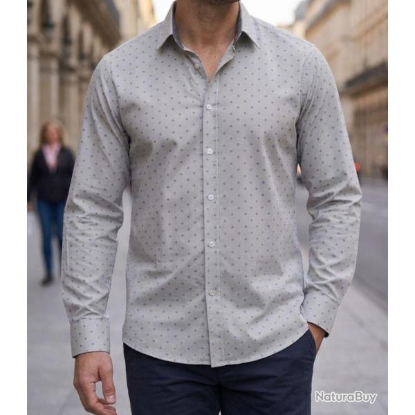 CHALLENGER CH4004 IMPRIME -- Chemise manches longues gris et bleu : coupe confort en pur coton 41/42