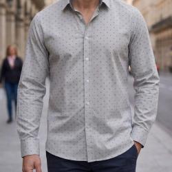 CHALLENGER CH4004 IMPRIME -- Chemise manches longues gris et bleu : coupe confort en pur coton 47/48