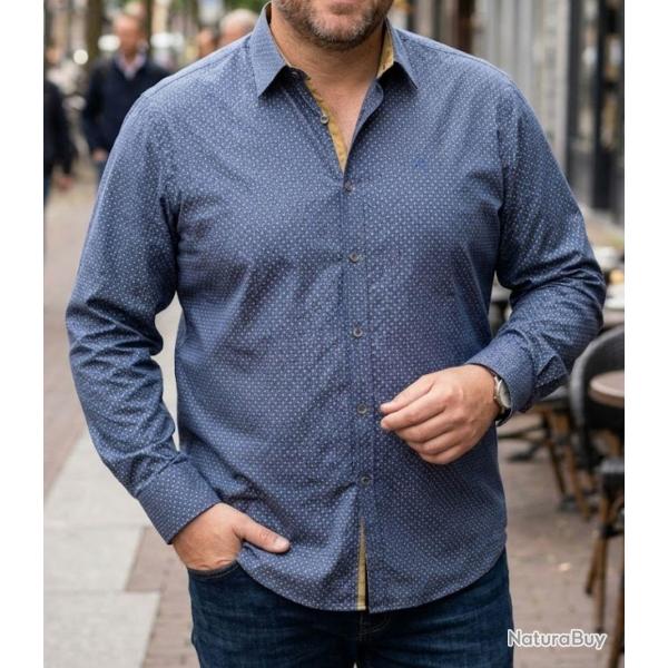 CHALLENGER CH5004 -- Chemise manches longues bleu et beige : coupe confort en pur coton 43/44