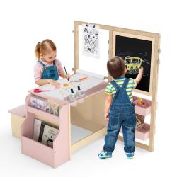 Table avec banc multifonction pour enfant 114 x 81 x 100 cm jouet &eacute;ducatif ambiance cosy en MDF ros