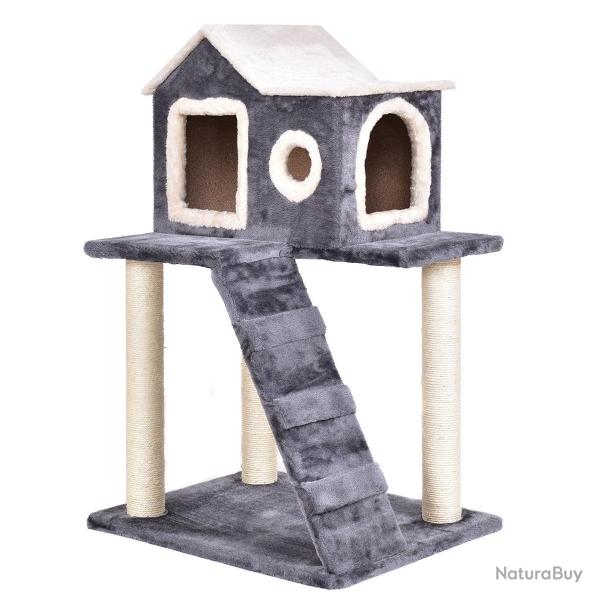 Arbre � chat 60 x 45 x 88 cm avec rampe d'acc�s et base stable ambiance cosy en bois gris 20_0010095