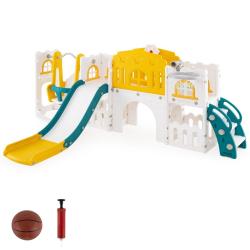 Ensemble de jeux 10 en 1 pour enfants 252 x 150 x 102 cm s&eacute;curis&eacute; avec toboggan pliable ambiance lu