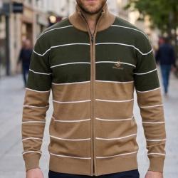 WINCHESTER PACINO1 -- Cardigan zipp&eacute; chocolat et beige : le confort naturel du pur coton L