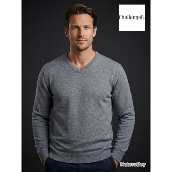 Pull Col V Homme PALAIS3 Gris avec Finitions Chambray L