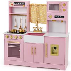 Cuisine de jeu en bois rose pour enfants 90 x 30 x 90 cm avec sons r&eacute;alistes ambiance cosy en MDF 2