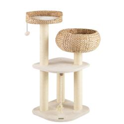 Arbre &agrave; chat 45 x 45 x 104 cm avec 2 paniers confortables et jouet suspendu style moderne en paille