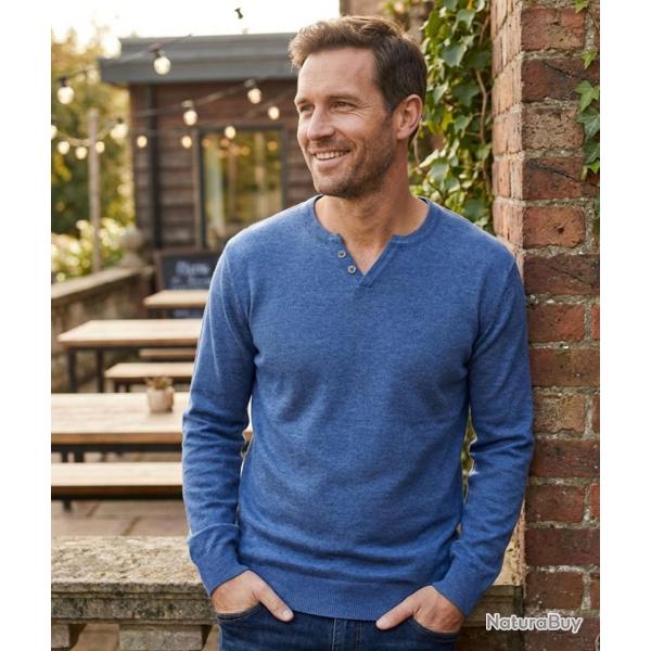 Pull Homme Col Boutonn� Parvis1 - Maille Coton M�lang� Bleu 2XL