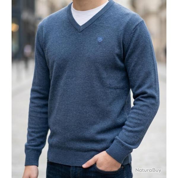 CHALLENGER PINSON1 -- Pull uni col V marine : chaleur et �l�gance au quotidien XL