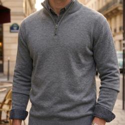 CHALLENGER PUL2005A -- Pull col montant zipp&eacute; gris : chaleur haute densit&eacute; et style raffin&eacute; L