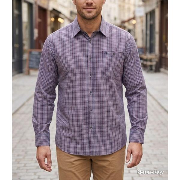 CHALLENGER TORY1 -- Chemise manches longues rouge et bleu : confort l�ger en popeline de coton 41/42