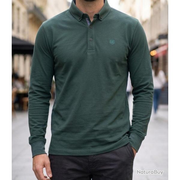 CHALLENGER NATHAN3 -- Polo manches longues vert fonc� piqu� : l'�l�gance casual au naturel L