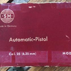 boite vide pistolet rhoner mod 11 6,35 25 acp SM MADE IN GERMANY
