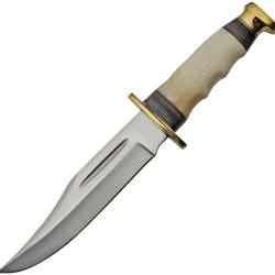 Couteau Fixe Bowie Lame Inox Clip Point Manche Os et Pakkawood Noir &Eacute;tui Cuir PA203412BO