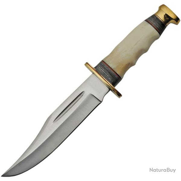 Couteau Fixe Bowie Lame Inox Clip Point Manche Os et Pakkawood Noir �tui Cuir PA203412BO