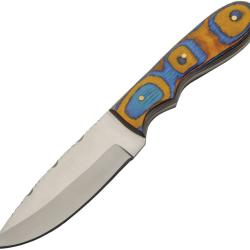Couteau Fixe Sunset Skinner Lame Inox Manche Bois Bleu et Jaune &Eacute;tui Cuir PA203481