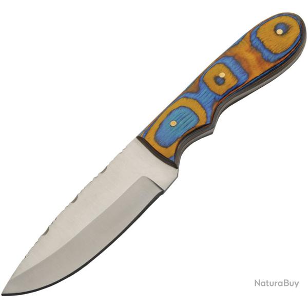 Couteau Fixe Sunset Skinner Lame Inox Manche Bois Bleu et Jaune �tui Cuir PA203481