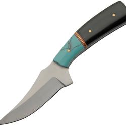 Couteau Fixe Trailing Point Skinner Lame Inox Manche R&eacute;sine Noire et Turquoise &Eacute;tui Cuir PA203488