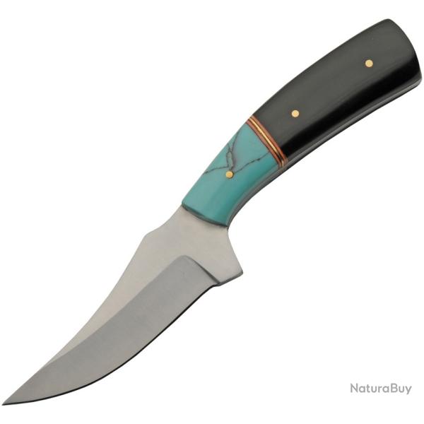 Couteau Fixe Trailing Point Skinner Lame Inox Manche R�sine Noire et Turquoise �tui Cuir PA203488