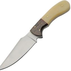 Couteau Fixe Lame Inox Clip Point Manche Os et Bois &Eacute;tui Cuir PA203520