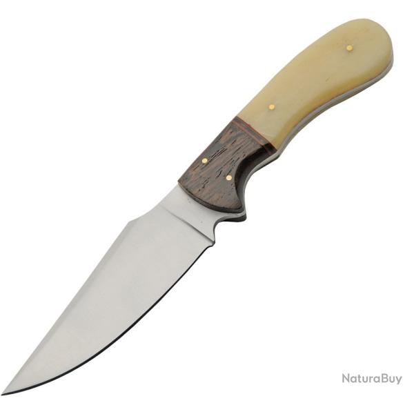 Couteau Fixe Lame Inox Clip Point Manche Os et Bois �tui Cuir PA203520
