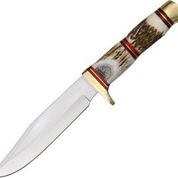 Couteau Fixe Steel Wolf Lame Inox Drop Point Manche Bois de Cerf &Eacute;tui Cuir PA3318