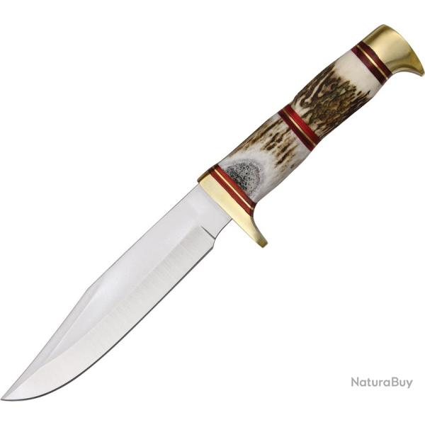 Couteau Fixe Steel Wolf Lame Inox Drop Point Manche Bois de Cerf �tui Cuir PA3318