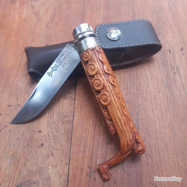 Joli Couteau OPINEL N 9 Manche en Bois Sculpt� "DRAKAR VIKING " avec �tui en Cuir