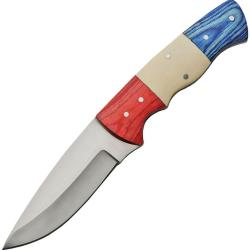 Couteau Fixe Lame Inox Manche Bois Rouge, Os Blanc et Bois Bleu &Eacute;tui Cuir PA3383