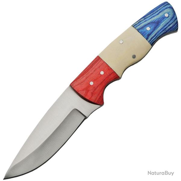 Couteau Fixe Lame Inox Manche Bois Rouge, Os Blanc et Bois Bleu �tui Cuir PA3383