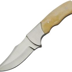 Couteau Fixe Lame Inox Clip Point Manche Os Blanc &Eacute;tui Cuir PA3396