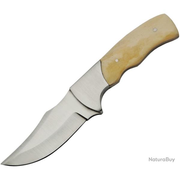 Couteau Fixe Lame Inox Clip Point Manche Os Blanc �tui Cuir PA3396