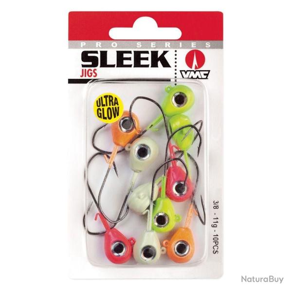 T�tes plomb�es VMC Sleek Jig Glow phosphorescentes - 7 g - Hame�on 2/0 - Lot de 10