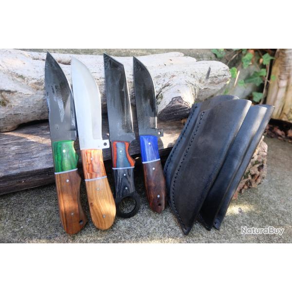 LOT DE 4 Couteau Tactical Urbain Lame Drop Acier Carbone 1055 Manche Bois/R�sine Etui Fab Artisanale