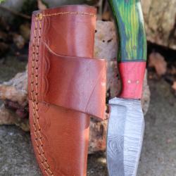 Couteau Skinner Lame Acier Damas 256 Couches Manche 2 Bois Etui Cuir Horizontal Fabr Artisanale