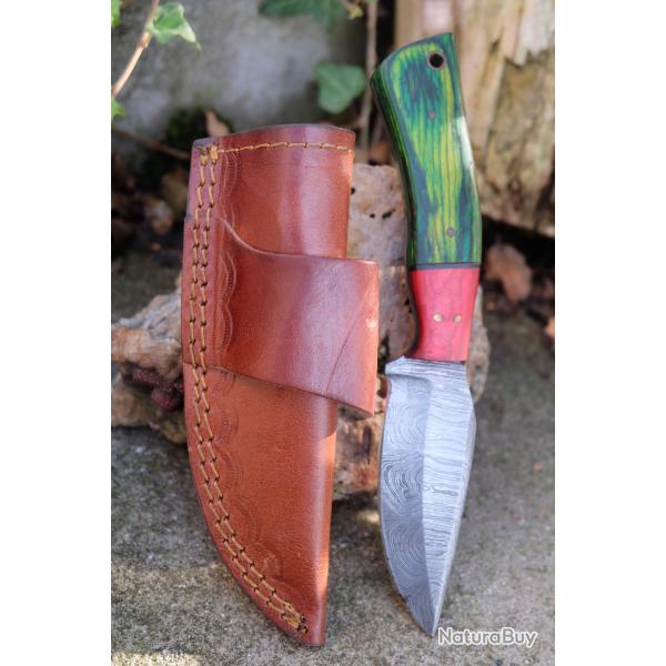 Couteau Skinner Lame Acier Damas 256 Couches Manche 2 Bois Etui Cuir Horizontal Fabr Artisanale
