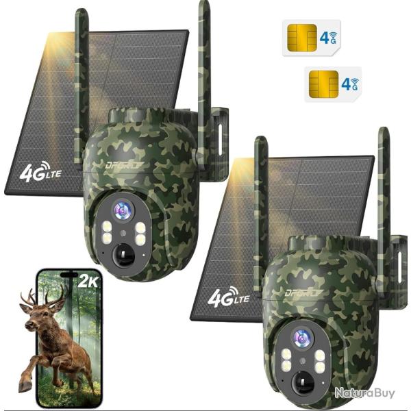 Lot de 2 Cam�ras de Chasse 4G Solaires DFGRD 2K PTZ 360� - Vision Nocturne - SIM