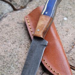Couteau Skinner de Poche Lame Tanto Acier Damas 256 Couches Manche 2 Bois Etui Cuir Fab Artisanale