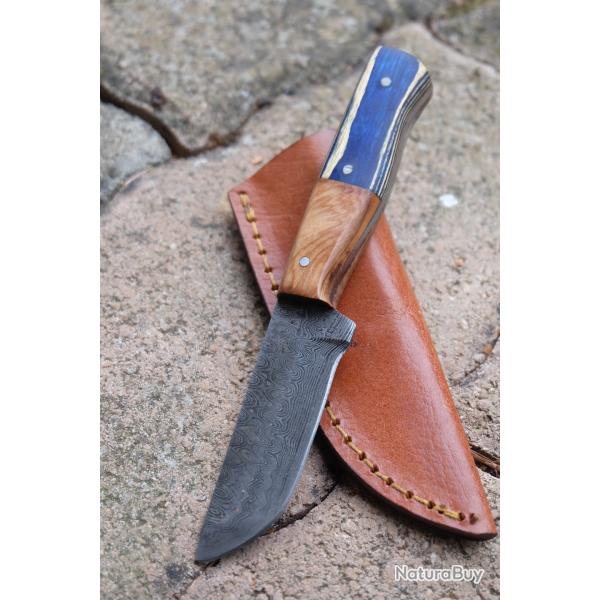 Couteau Skinner de Poche Lame Tanto Acier Damas 256 Couches Manche 2 Bois Etui Cuir Fab Artisanale