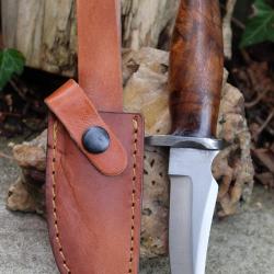 Couteau Poignard Lame Acier 440C Manche Bois Garde/Pommeau Damas Etui Cuir Fabrication Artisanale