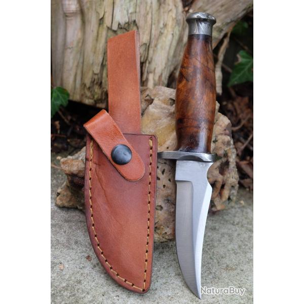 Couteau Poignard Lame Acier 440C Manche Bois Garde/Pommeau Damas Etui Cuir Fabrication Artisanale