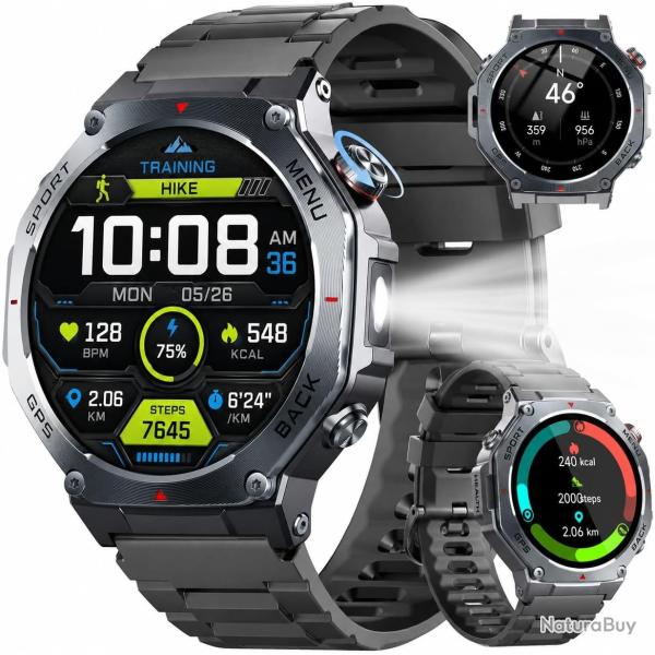 Montre Connect�e Homme GPS AMOLED 1,43" - Militaire �tanche 5 ATM - Boussole Altim�tre LED