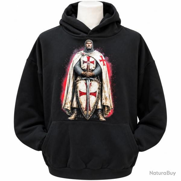Sweat � Capuche Chevalier Templier 100% Coton Noir - Poche Kangourou - Croix
