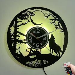 Horloge Murale Disque Vinyle LED Hululement de Loup et Lune