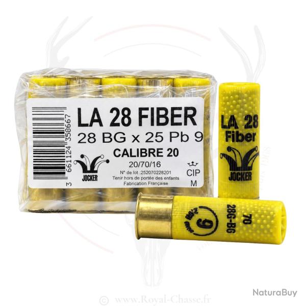 Lot de 10x 25 cartouches LA 28 FIBER BG Cal.20/70 Jaune Transparent JOCKER 7.5